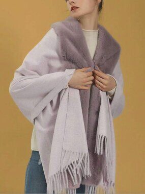 NWOT Lavender Knit Faux Fur Collar Fringe Shawl Wrap